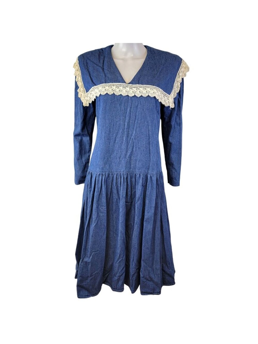 Gunne Sax Vintage 70s Denim Midi Dress Women Small Bib Lace Collar Formal Blue